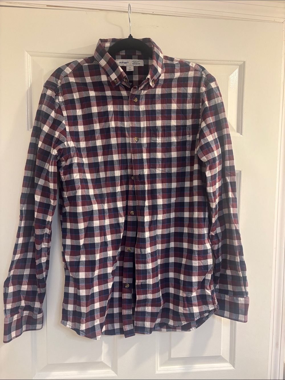 Old Navy Men's Burgundy, Navy and White Plaid Button-Down Shirt